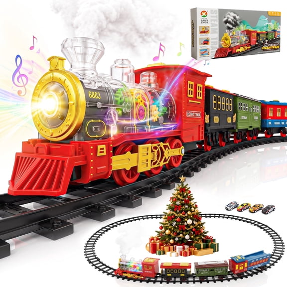 BEEPRINCESS Electric Train Set for Kids Ages 3+, Battery-Powered Toy Train with Steam, Lights & Sounds, 4 Mini Cars and Launcher