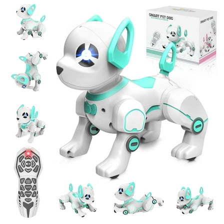 BEEPRINCESS RC Robot Dog, Electronic Pet Dog with Voice Control, Interactive and Stunt, White/Green