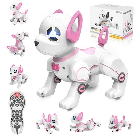 BEEPRINCESS RC Robot Dog, Electronic Pet Dog with Voice Control, Interactive and Stunt, White/Pink