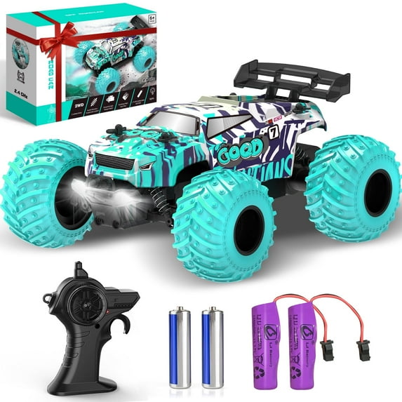 BEEPRINCESS Remote Control Car, 1:18 Scale All Terrain RC Cars, 2WD 20Km/h with Colorful LED Light and 2 Rechargeable Batteries, RC Monster Truck Off-road Racing Car Toys for Kids and Boys, Blue