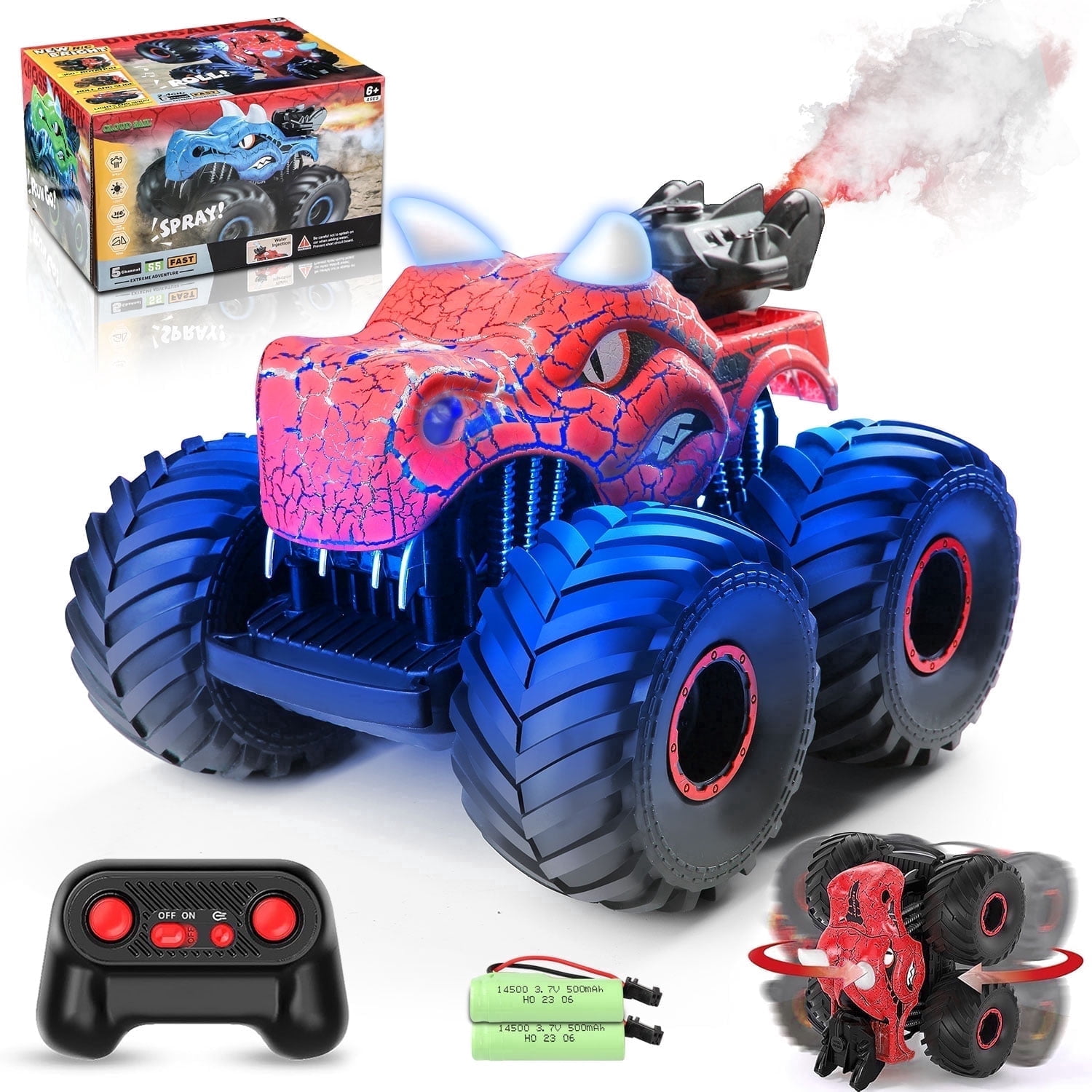 BEEPRINCESS Remote Control Car, 2.4GHz Monster Trucks for Boys Girls with Light, Sound & Spray, Dinosaur Toys Gift for Kids 3 4 5 6 7 8, All Terrain RC Cars for Toddlers with 2 Batteries, Red