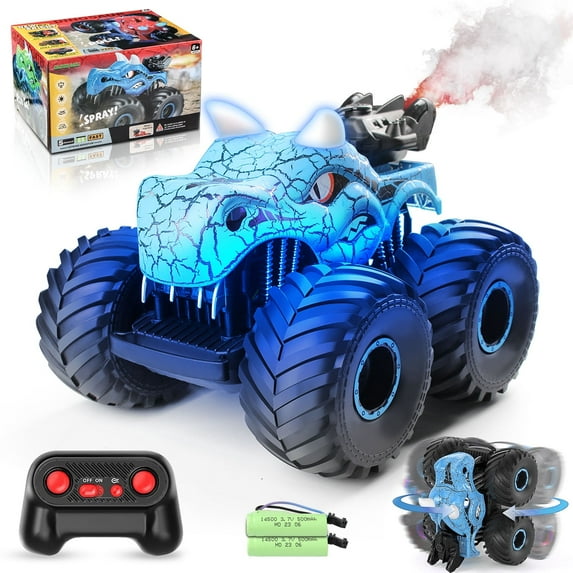 BEEPRINCESS Remote Control Car, 2.4GHz Monster Trucks for Boys Girls with Light, Sound & Spray, Dinosaur Toys Gift for Kids 3 4 5 6 7 8, All Terrain RC Cars for Toddlers with 2 Batteries, Blue