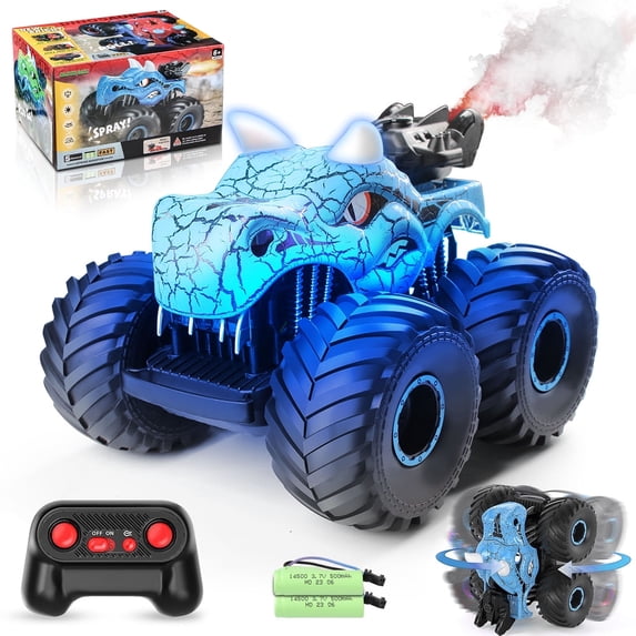 BEEPRINCESS Remote Control Car, 2.4GHz Monster Trucks for Boys Girls with Light, Sound & Spray, Dinosaur Toys Gift for Kids 3 4 5 6 7 8, All Terrain RC Cars for Toddlers with 2 Batteries, Blue