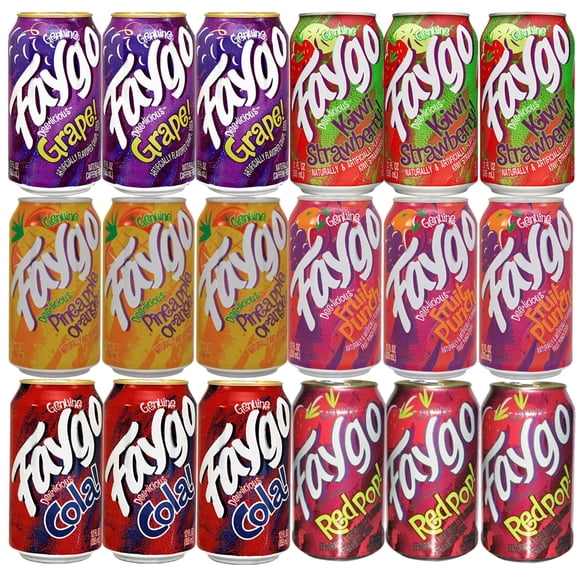 BEEQ- (Pack of 18) Faygo Variety Soda, 6 Different Flavors : Redpop , Kiwi Strawberry , Fruit Punch , Pineapple Orange , Cola , Grape . 12 fl oz. Cans, Multi Flavor Soft Drink Bundle | Assortment
