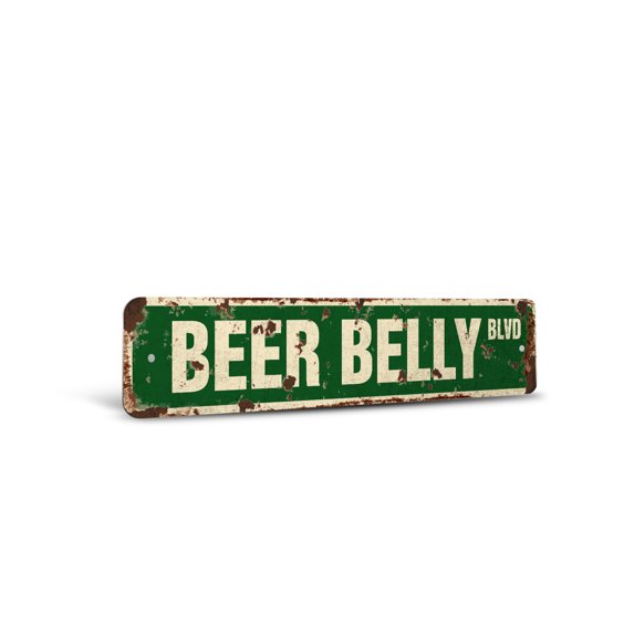 BEER BELLY Vintage Style Rustic Street Sign – Booze Brew Drinker Brewski Lover Retro Decorative Wall Sign for Home, Bar, Garage, or Outdoor Use | 4" X 18" Aluminum Metal Road Sign