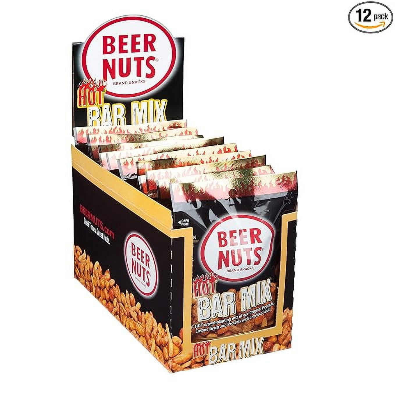 BEER NUTS Habanero Bar Mix - Fiery Hot Habanero Mix Of Peanuts, Corn Sticks & Insane Grain - Individual Bags 12 Pack Box - 2oz Each Bag