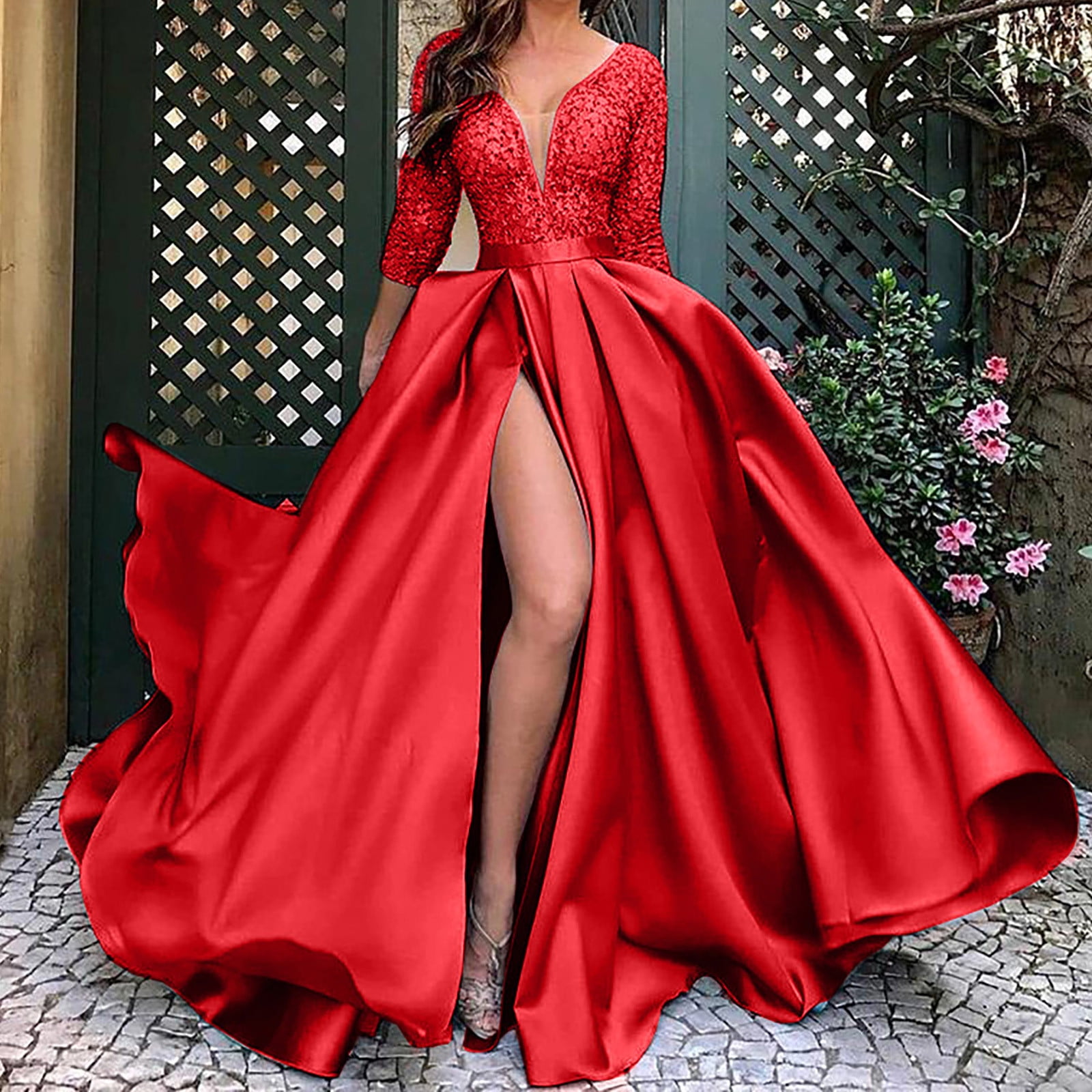 BEEYASO Clearance Dresses for Women Long Sleeve Full-Length Fashion Evening  Gown Printed V-Neck Dress Red S 