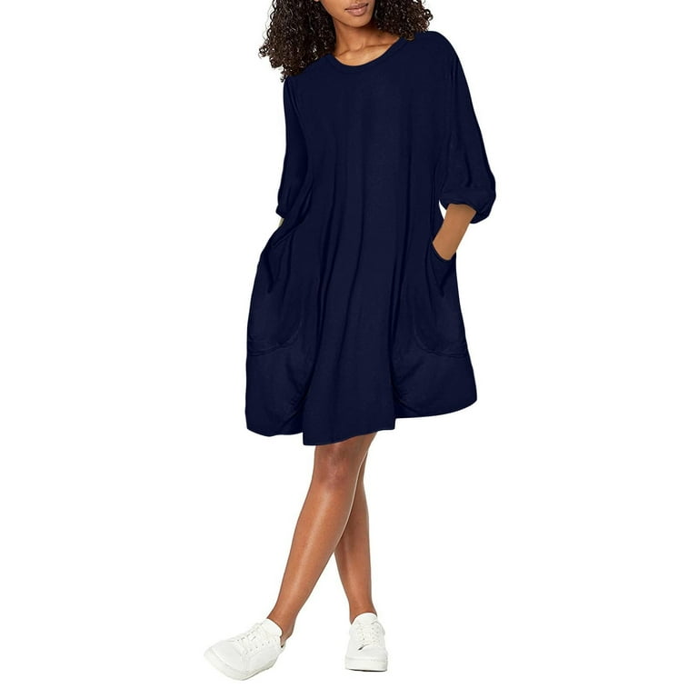 BEEYASO Clearance Summer Dresses for Women 3/4 Sleeve Printed Fashion Short  A-Line Round Neckline Dress Blue 4XL 