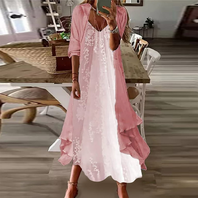 BEEYASO Clearance Summer Dresses for Women Printed V-Neck Maxi Ankle Length  Fashion 3/4 Sleeve Dress Pink L 
