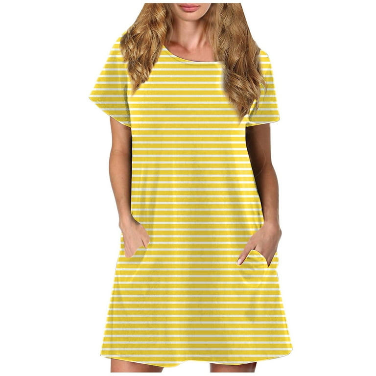 BEEYASO Clearance Summer Dresses for Women Round Neckline Casual Striped  Mini Short Sleeve Dress Yellow 2XL 