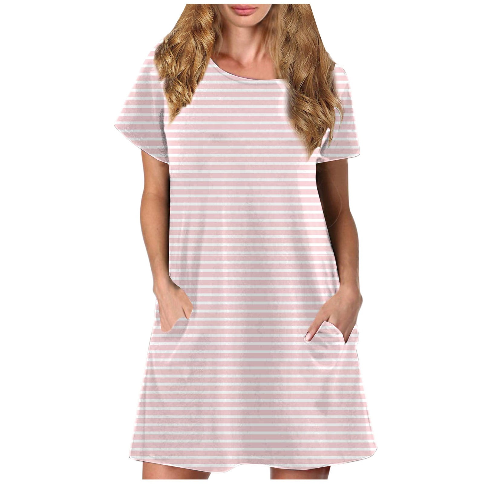 BEEYASO Clearance Summer Dresses for Women Round Neckline Striped Mini  Casual Short Sleeve Dress Pink 2XL 