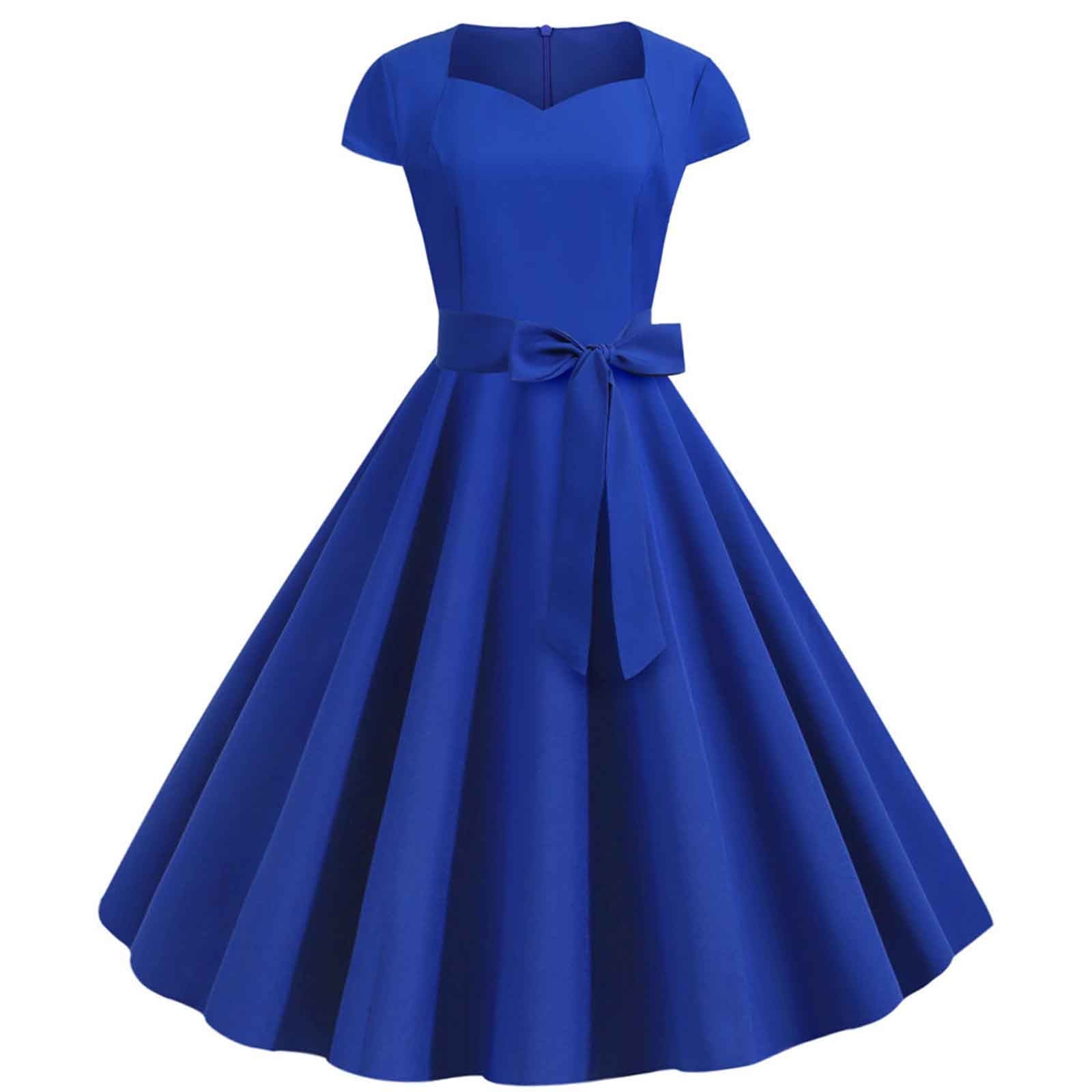 BEEYASO Clearance Summer Dresses for Women Short Short Sleeve Fashion  A-Line Solid Scoop Neck Dress Blue m 