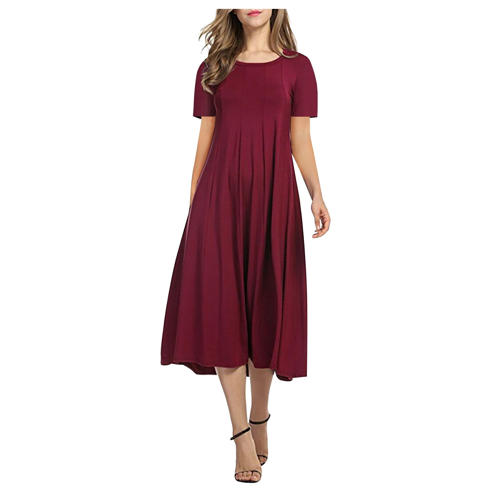BEEYASO Clearance Summer Dresses for Women Short Sleeve A-Line Mid-Length  Casual Round Neckline Solid Dress Red m 