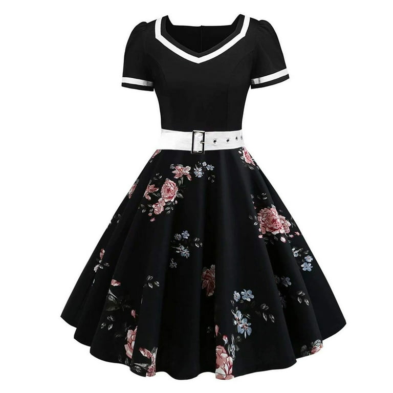 BEEYASO Clearance Summer Dresses for Women Short Sleeve Polka Dot Casual  Above knee A-Line Round Neckline Dress Black 3XL 