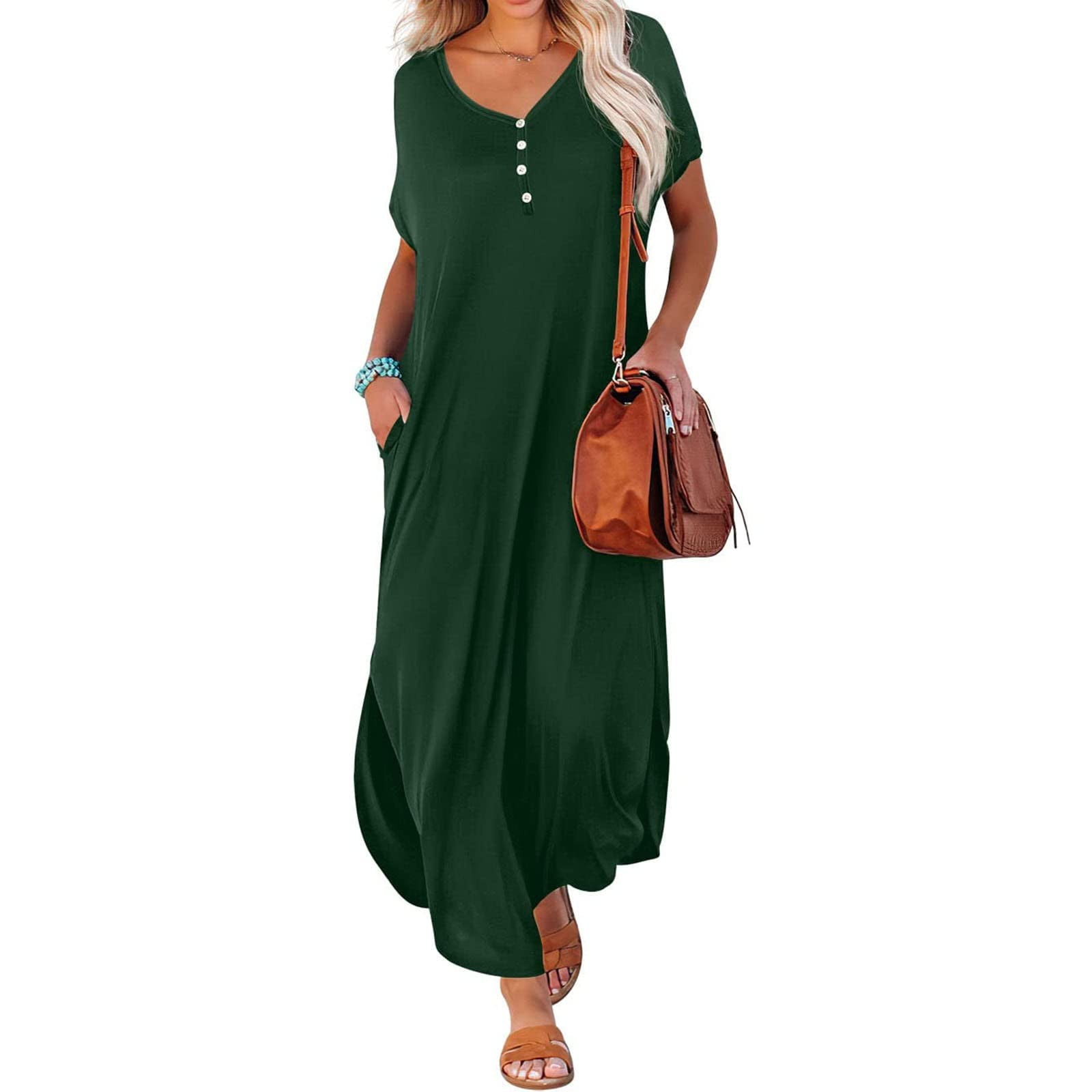 BEEYASO Clearance Summer Dresses for Women Solid Round Neckline Maxi Ankle  Length Sexy Short Sleeve Dress Army Green S 