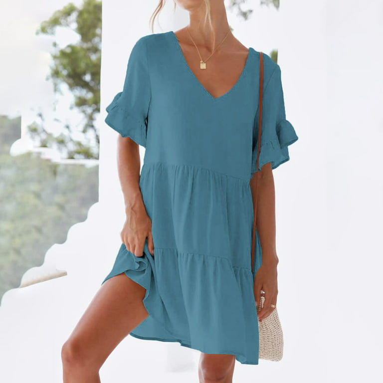 BEEYASO Clearance Summer Dresses for Women Short Sleeve Solid Leisure Knee  Length A-Line V-Neck Dress Blue XL 