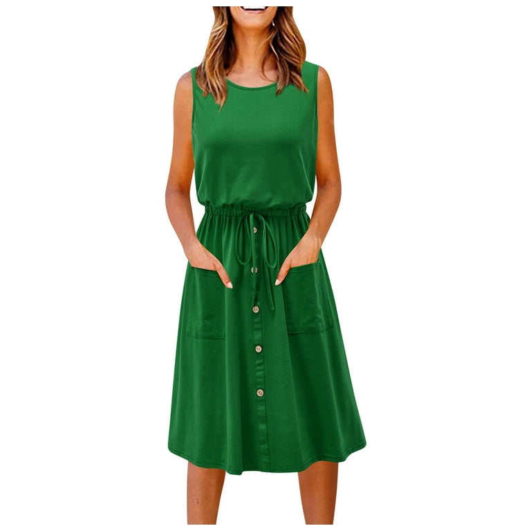 BEEYASO Clearance Summer Dresses for Women Sleeveless A-Line Knee Length Fashion  Solid Round Neckline Dress Green L 