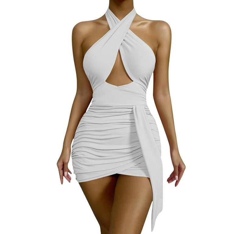 BEEYASO Clearance Summer Dresses for Women Sleeveless Sheath Mini Hot Sales  Solid Mock Neck Dress White L 