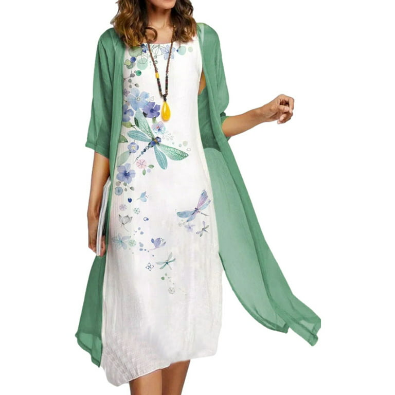 BEEYASO Clearance Summer Dresses for Women Sleeveless Sun Dress Mid-Length  Holiday Round Neckline Floral Dress Green 3XL 