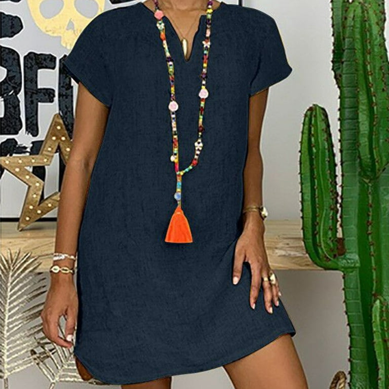 BEEYASO Clearance Summer Dresses for Women Solid Short A-Line Short Sleeve  Hot Sales V-Neck Dress Dark Blue L 
