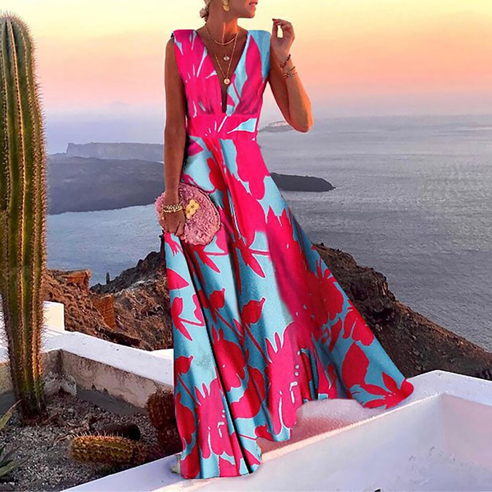 BEEYASO Summer Dresses for Women Solid V-Neck Maxi Ankle Length Hot Sales  Sleeveless Dress on Clearance Hot Pink S 