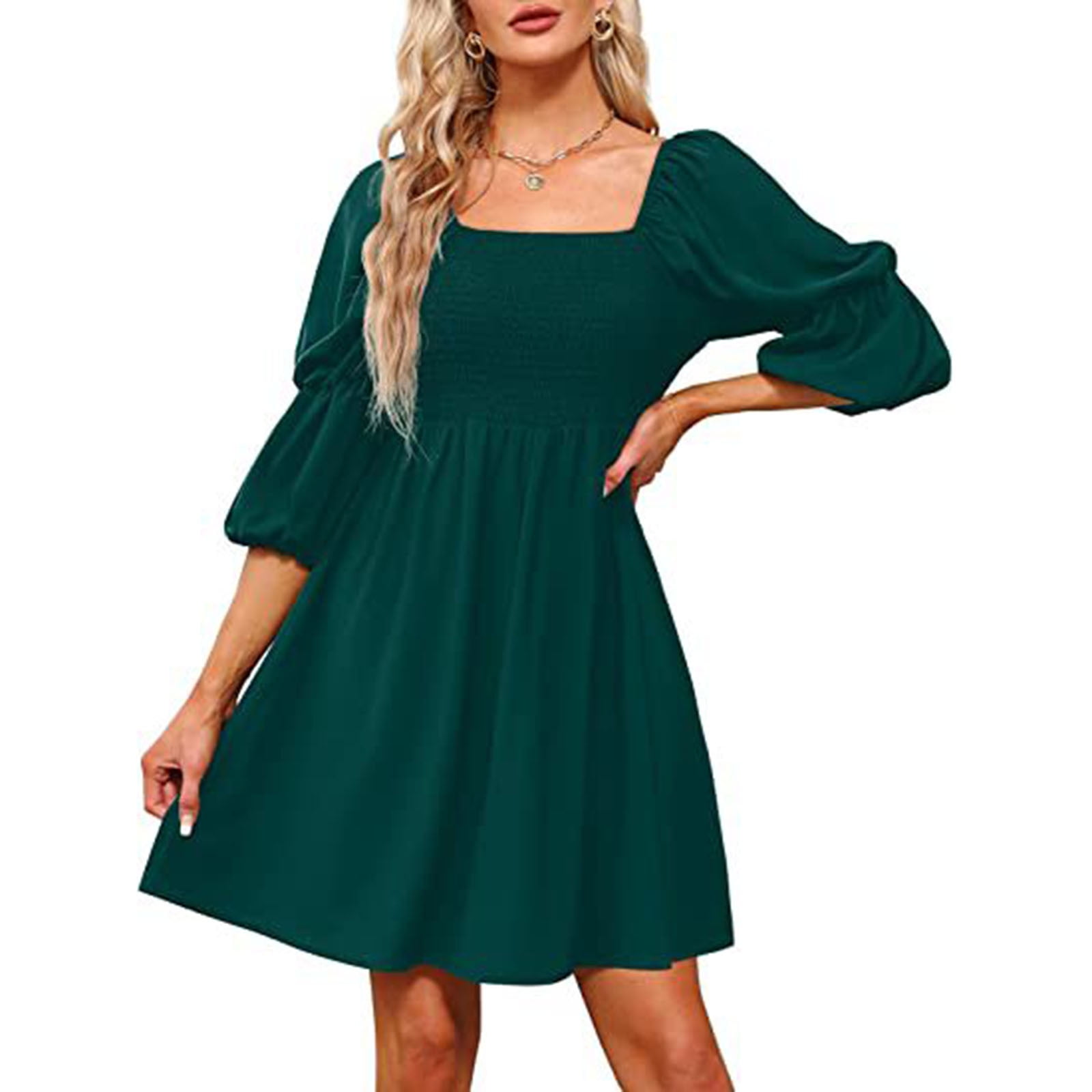 BEEYASO Clearance Summer Dresses for Women 3/4 Sleeve A-Line Knee Length  Fashion Floral Square Neckline Dress Dark Green 2XL 
