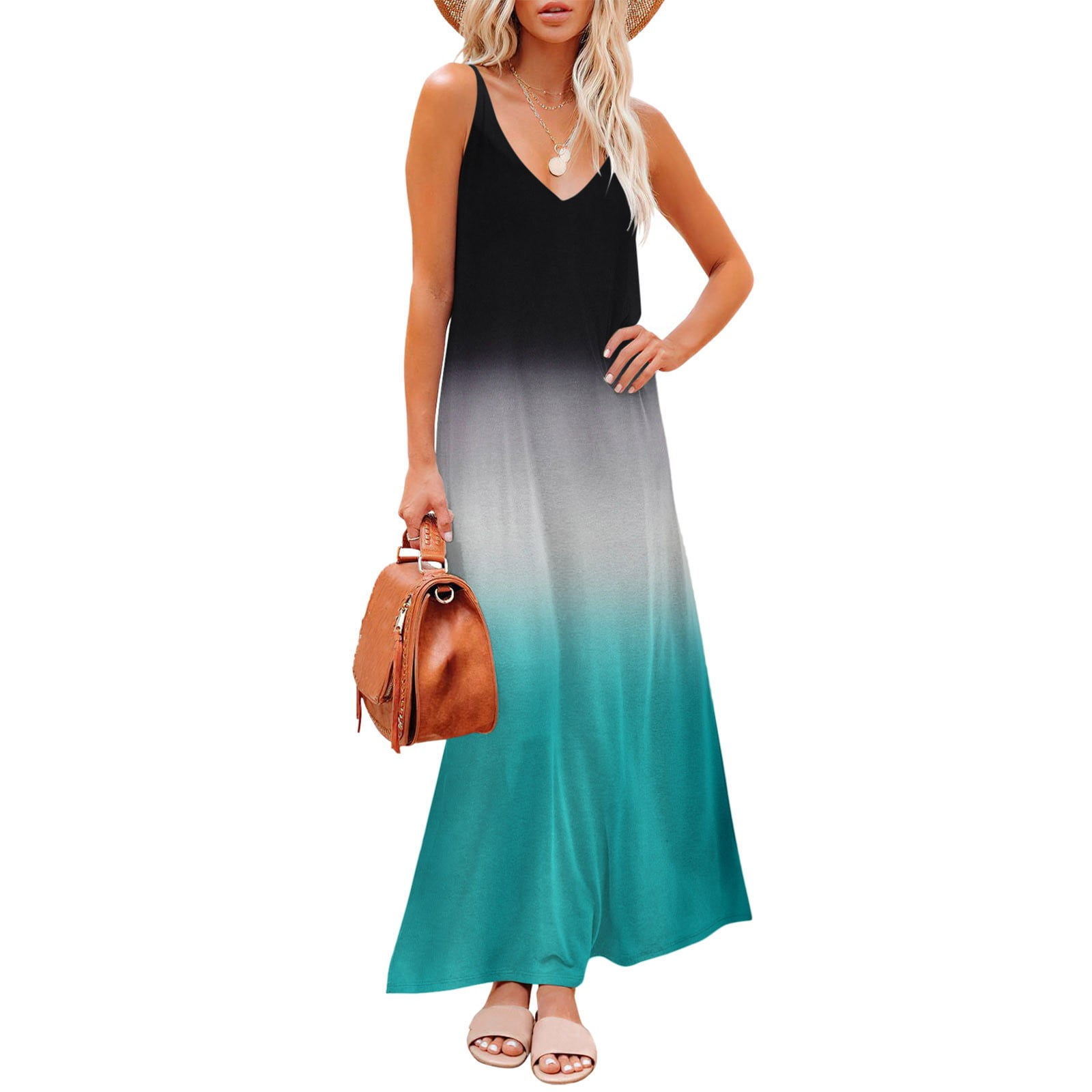 BEEYASO Clearance Summer Dresses for Women Ankle Length Sleeveless Fashion  Sun Dress Striped V-Neck Dress Purple XL 