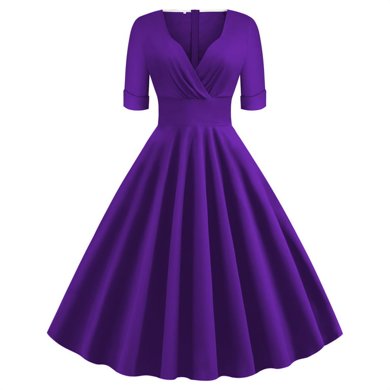 BEEYASO Clearance Summer Dresses for Women V-Neck Fashion Solid Mid-Length  A-Line Short Sleeve Dress Purple XL 