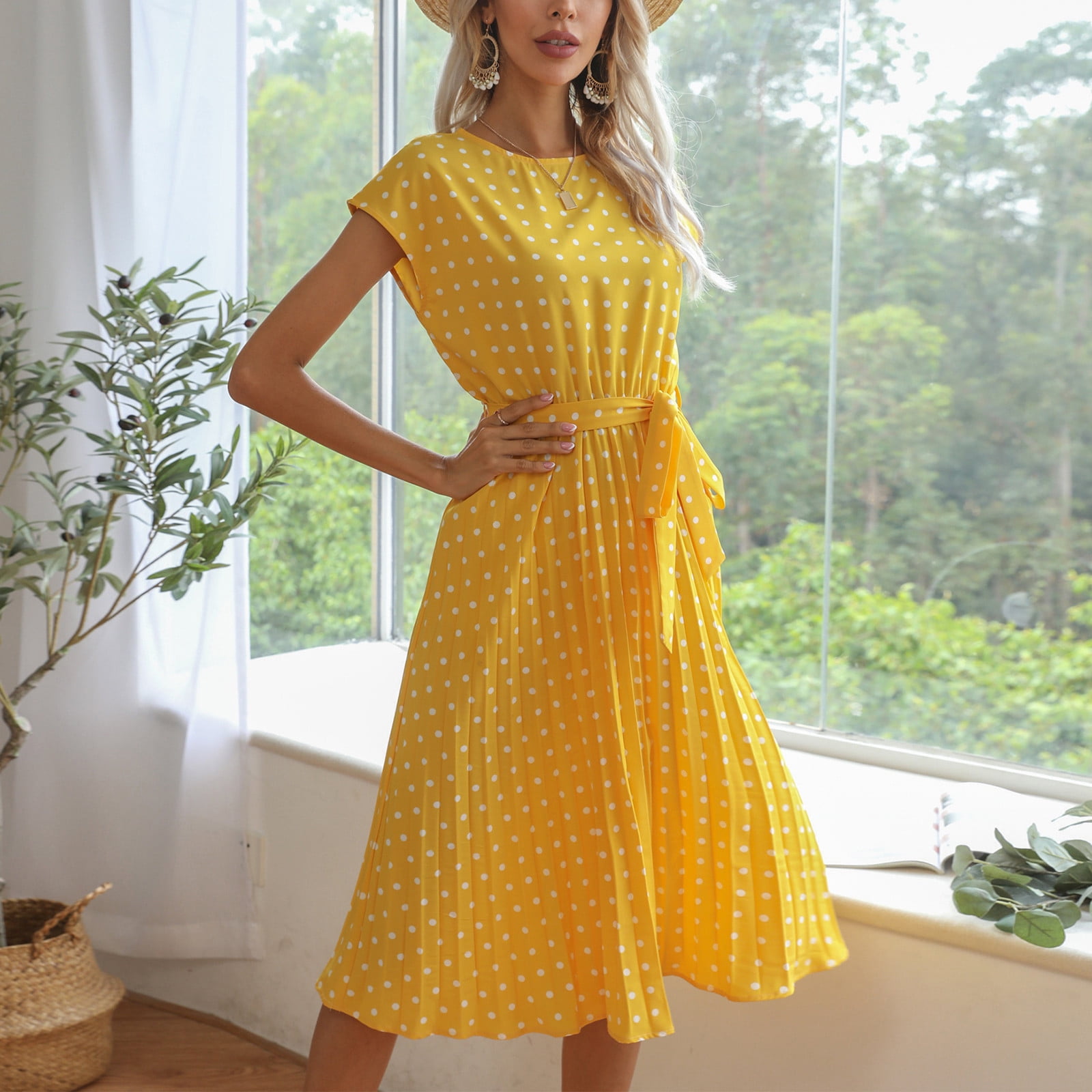 BEEYASO Women ALine Dress Summer Round Neckline Short Sleeve Polka Dot