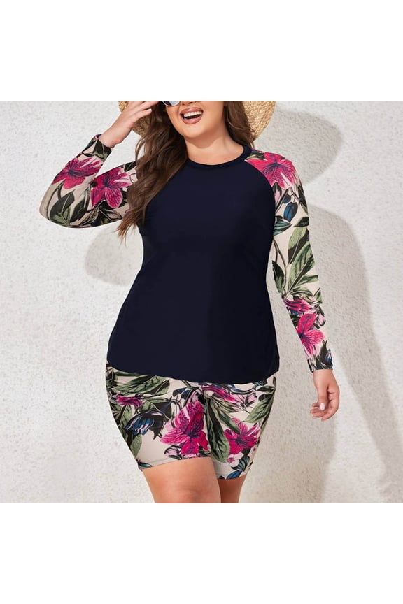 2 Piece Womens Rash Guard Long Sleeve Swimsuits Plus Size Bathing Suits Sun Protection Swim Shirt with Shorts Plus Size XL—XXXXXL