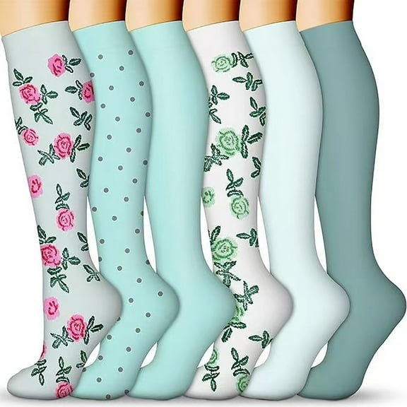 BEFOKA 6 Picese Compressions Socks for Women & Men Floral Print Knee High Travel Breathable Socks for Winter Fall Day Comfortable