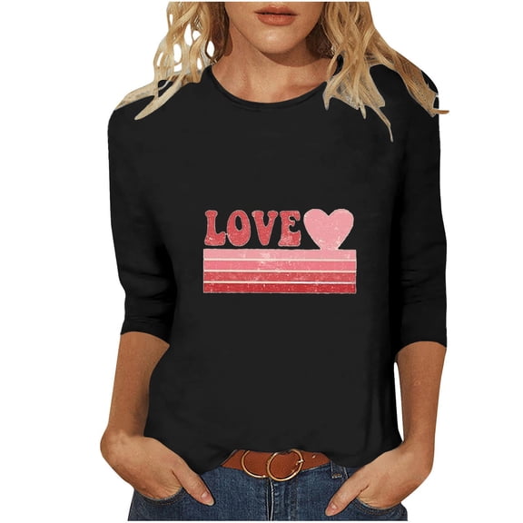 BEFOKA Basic 3/4 Long Sleeve Shirts For Women Valentine'S Day Crew Neck Sweatshirts Love Heart Printed Blouses For Women Dressy Casual Ladies Tops And Blouses Pullover Sweatshirt Graphic Tops
