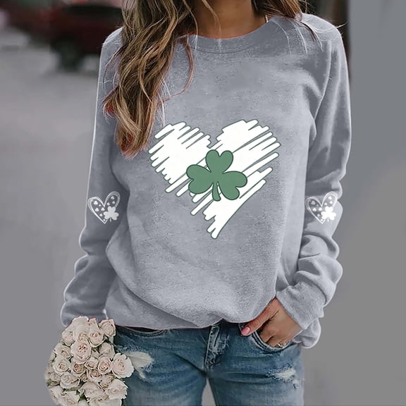 BEFOKA Basic Long Sleeve Shirts For Women St Patrick'S Day Crew Neck Sweatshirts Irish Shamrock Heart Printed Black Shirts for Women Going Out Tops Fall Blouses 2026 Green Graphic Tops & T-Shirts