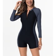 BEFOKA Black One Piece Swimsuit Front Zip Long Sleeve Slimming Bathing Suit With Boyshorts Tummy Control Bathing Suits Holiday Jumpsuits Sports Surfing Swimwear