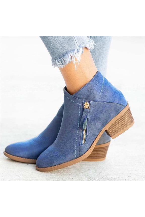 Boots for Women Vintage Women Slip On Boots Pointed Toe Round Thick Heel Short Shoes Blue 6(37)