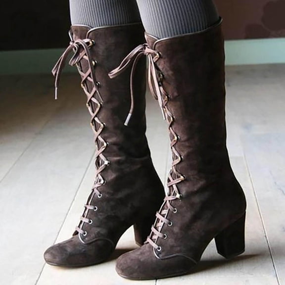 BEFOKA Boots for Women Women Retro Shoes Casual Thick Low-heeled Plus Size Mid Calf Lace Up Brown 9.5(43)