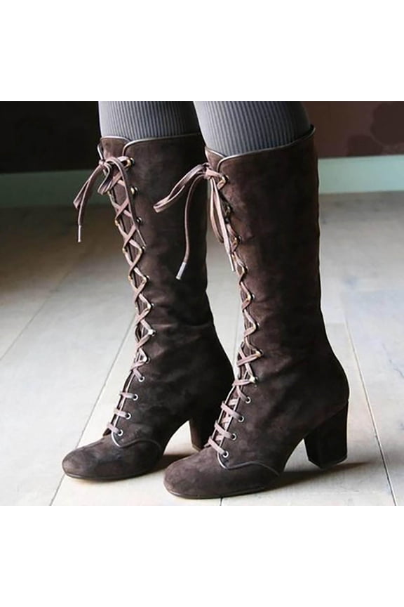 Boots for Women Women Retro Shoes Casual Thick Low-heeled Plus Size Mid Calf Lace Up Brown 9.5(43)