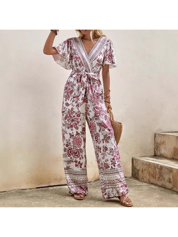 Floral Jumpsuits For Women 2026 Formal Short Sleeve Loose Wide Leg One Piece Jumpsuits Baggy Overalls Date Night Beach Womens Summer Rompers XL