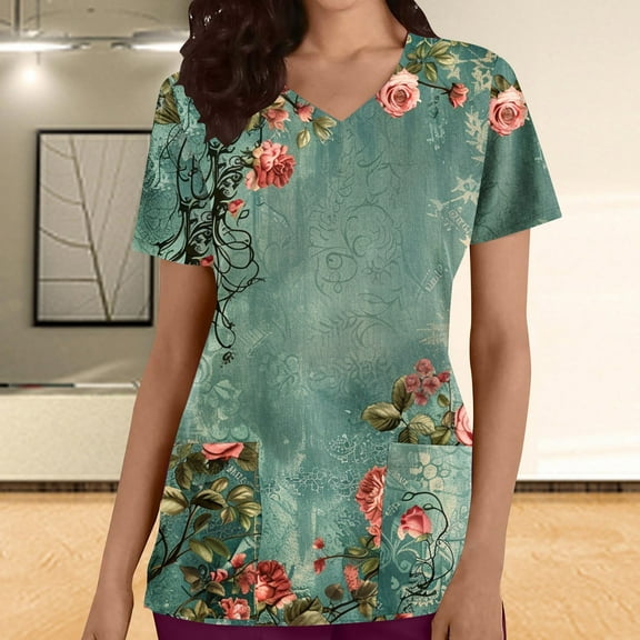 BEFOKA Floral Print Scrub Tops Women Short Sleeve V Neck Medicals Nurse Shirt Soft Casual Uniform with Pockets 2025 Nursing Workwear Scrub Tops for Women Holiday Scrub Shirts Comfortable Work Uniform