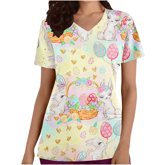 BEFOKA Graphic Scrub Tops Women Short Sleeve V Neck Scrub for Womens Cute Printed Nursing Uniforms Shirts with Pockets Classic Holiday Scrub Shirt
