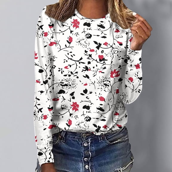 BEFOKA Graphic Tops for Women Casual Long Sleeve Ladies Tops 2025 Loose Fits Floral Print Blouse Crew Neck Fall Going Out Top Soft Pullover Basic Tops Fitted Clothing