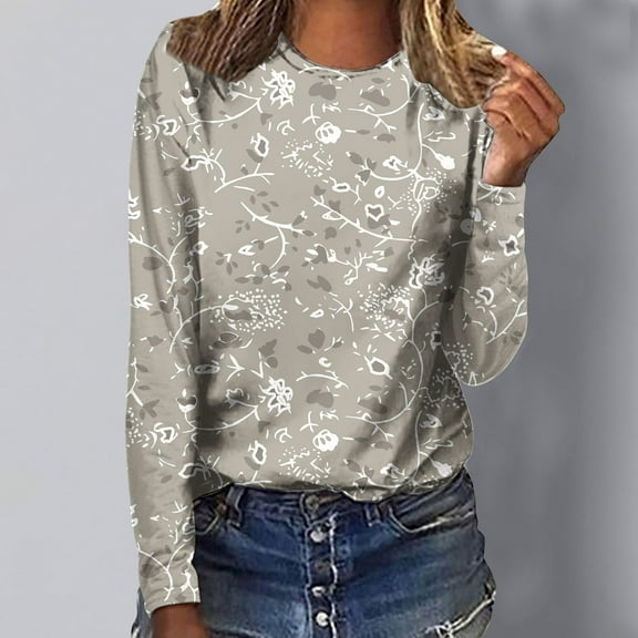 BEFOKA Graphic Tops for Women Casual Long Sleeve Ladies Tops 2025 Loose Fits Floral Print Blouse Crew Neck Fall Going Out Top Soft Pullover Basic Tops Fitted Clothing