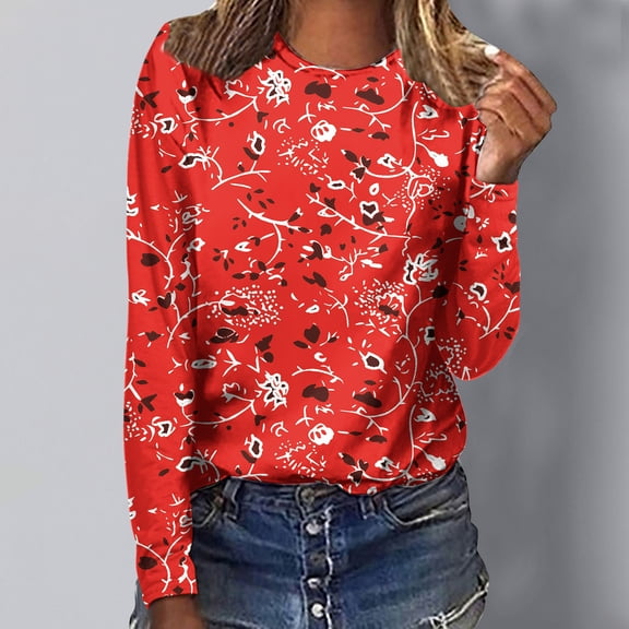 BEFOKA Graphic Tops for Women Casual Long Sleeve Ladies Tops 2025 Loose Fits Floral Print Blouse Crew Neck Fall Going Out Top Soft Pullover Basic Tops Fitted Clothing