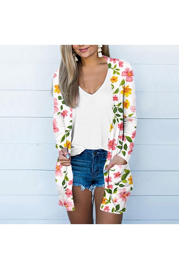 Hawaii Print Cardigans for Women 3/4 Sleeve Graphic Sheer Casual Chiffon Open Front Kimonoes Cardigan Capes Blouses Loose Fits Resort Wear Summer Beach Cover Ups with Pocket