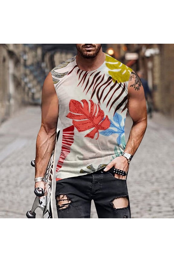 Hawaiian Mens Tank Top Sleeveless Crew Neck Muscle Top Palm Tree Print Athletic T Shirts Relaxed Fits Summer Shirts For Gym Beach Running L