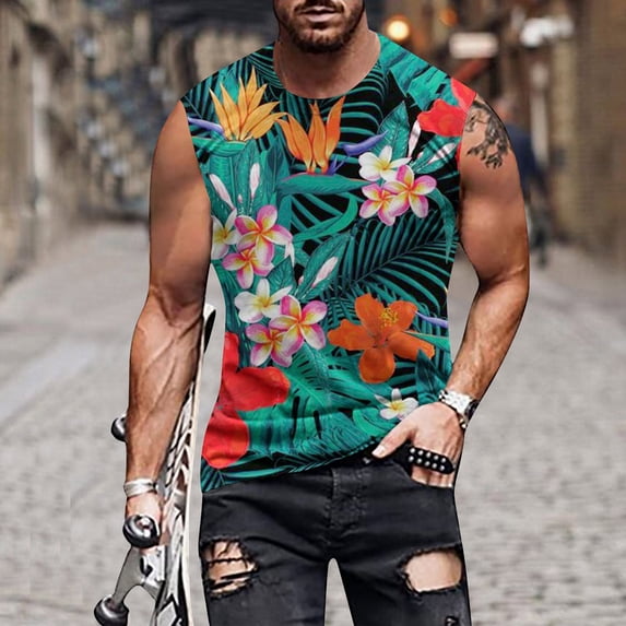 BEFOKA Hawaiian Mens Tank Top Sleeveless Crew Neck Muscle Top Palm Tree Print Athletic T Shirts Relaxed Fits Summer Shirts For Gym Beach Running L