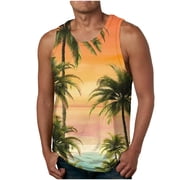 BEFOKA Hawaiian Mens Tank Top Sleeveless Crew Neck Muscle Top Palm Tree Print Relaxed Fits Summer Shirts For Gym Beach Running Athletic T Shirts M