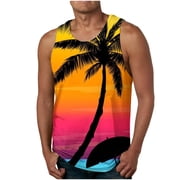 BEFOKA Hawaiian Mens Tank Tops Sleeveless Crew Neck Muscle Top Palm Tree Print Shirts Regular Fits Sun Protection Summer T Shirt L