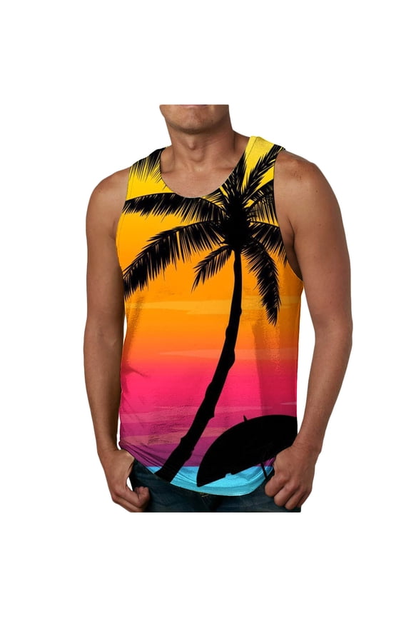 Hawaiian Mens Tank Tops Sleeveless Crew Neck Muscle Top Palm Tree Print Shirts Regular Fits Sun Protection Summer T Shirt M