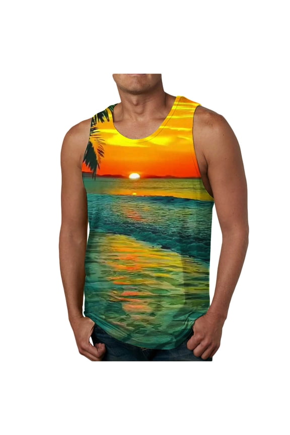 Hawaiian Tank Tops For Men Crew Neck Palm Tree Print Muscle Top Sleeveless Sun Shirts Workout Cooling Beach Tee Shirt Relaxed Fits XXXXL
